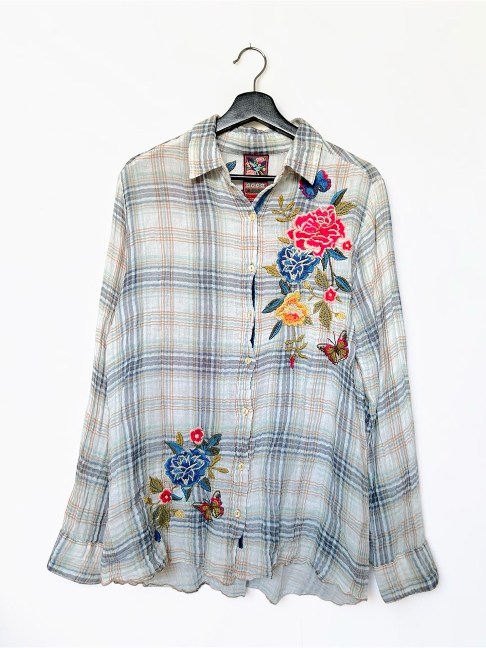 Johnny Was Floral Bird Embroidered Plaid Button Down Shirt Size Small